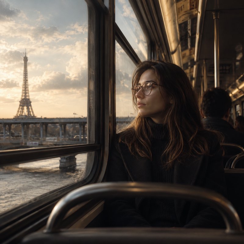 Woman on a bus gazing out the window at the Eiffel Tower during sunset.