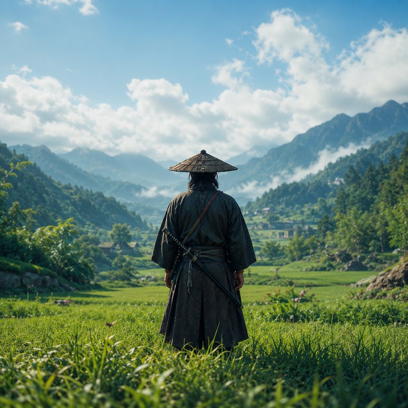Person in traditional robes and straw hat standing in a lush valley with mountains in the distance.