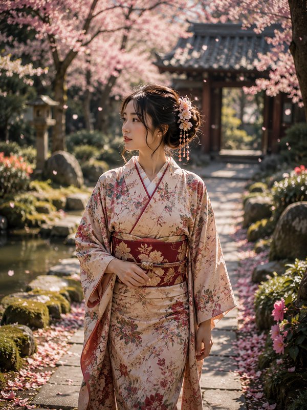 Woman in a floral kimono standing in a cherry blossom garden.