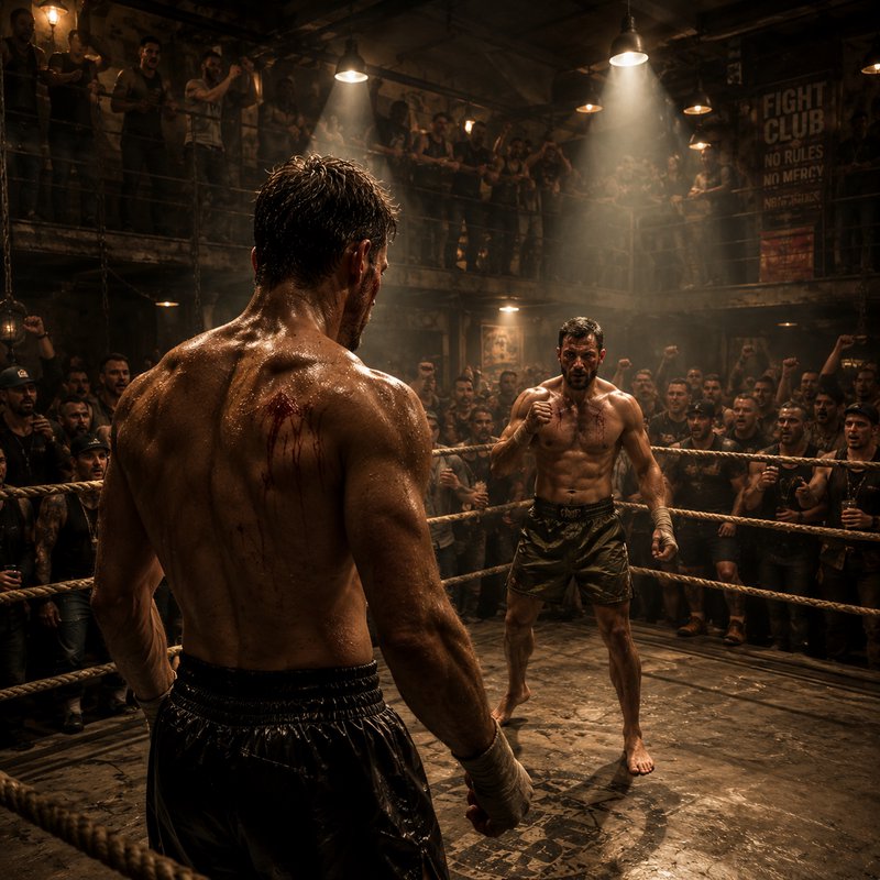 Two bloodied muscular fighters square off in an underground fight club ring, as crowds of spectat...