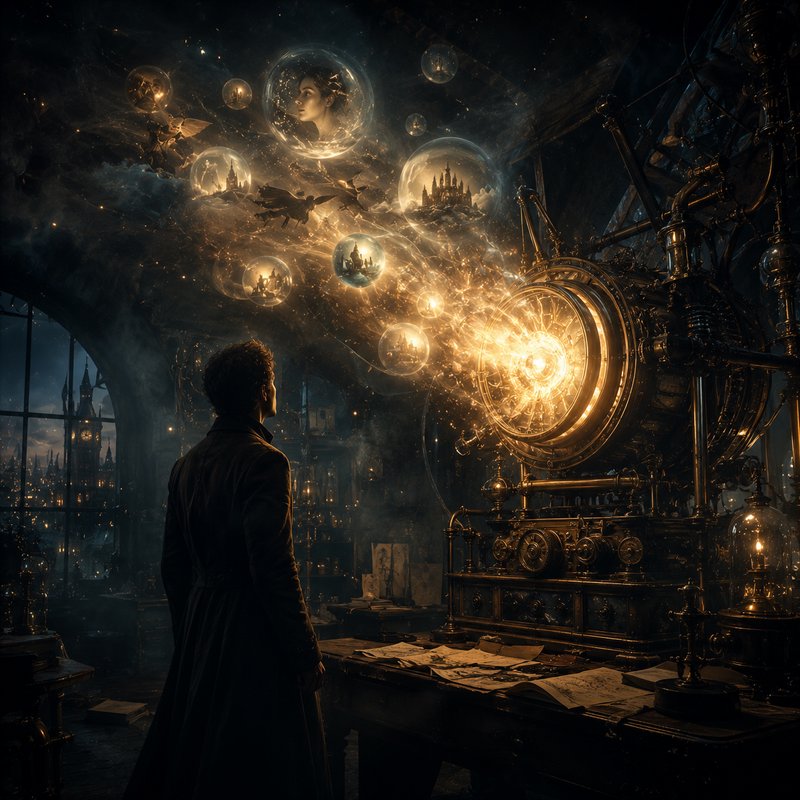 Steampunk inventor observes a glowing brass magical machine projecting floating vision orbs insid...