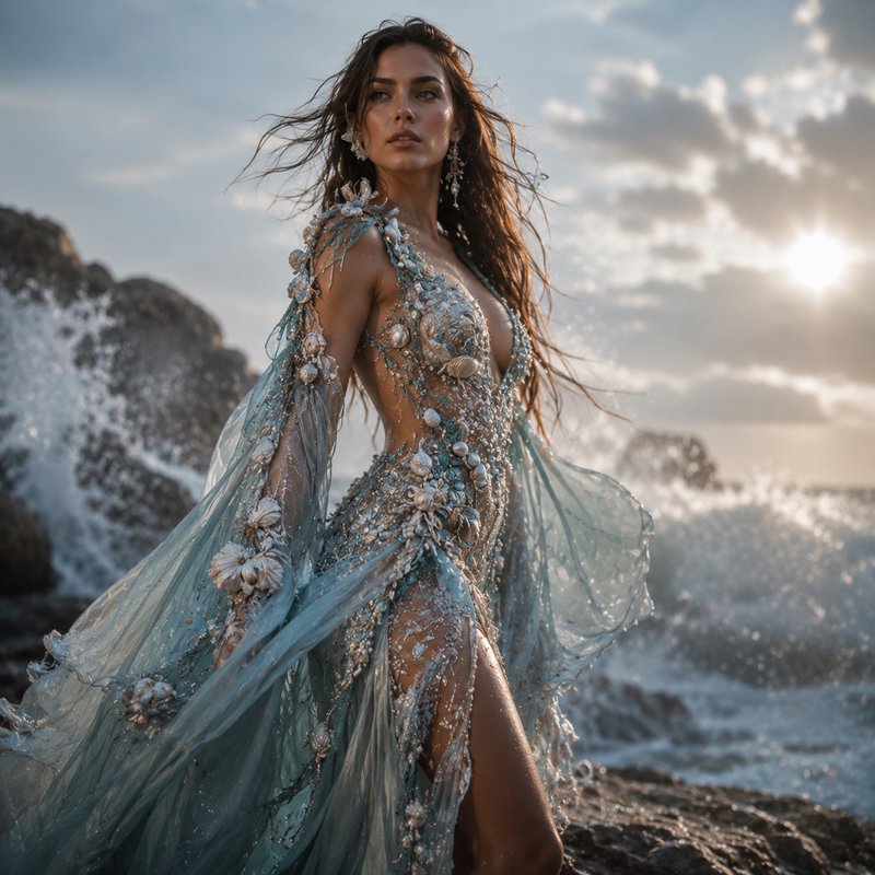 Ethereal sea goddess in a seashell-embellished pale blue gown stands on rocky shore as ocean wave...