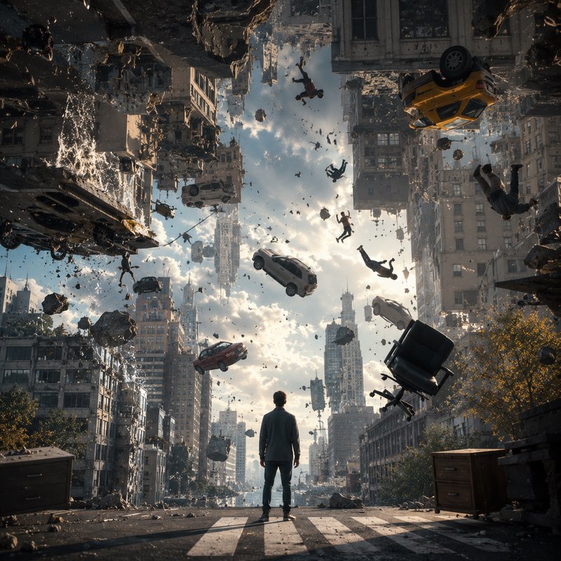 A lone man stands on a city crosswalk beneath a surreal gravity-defying collapsing floating city ...