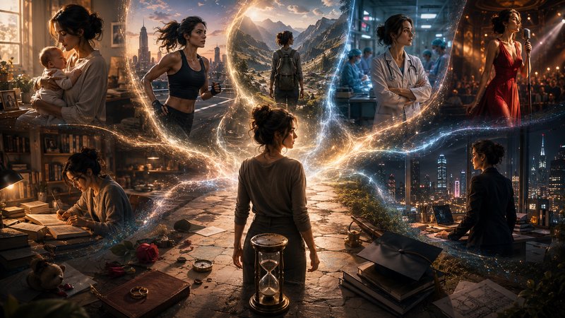 Surreal fantasy art of a woman standing by an hourglass, surrounded by glowing portals showing he...