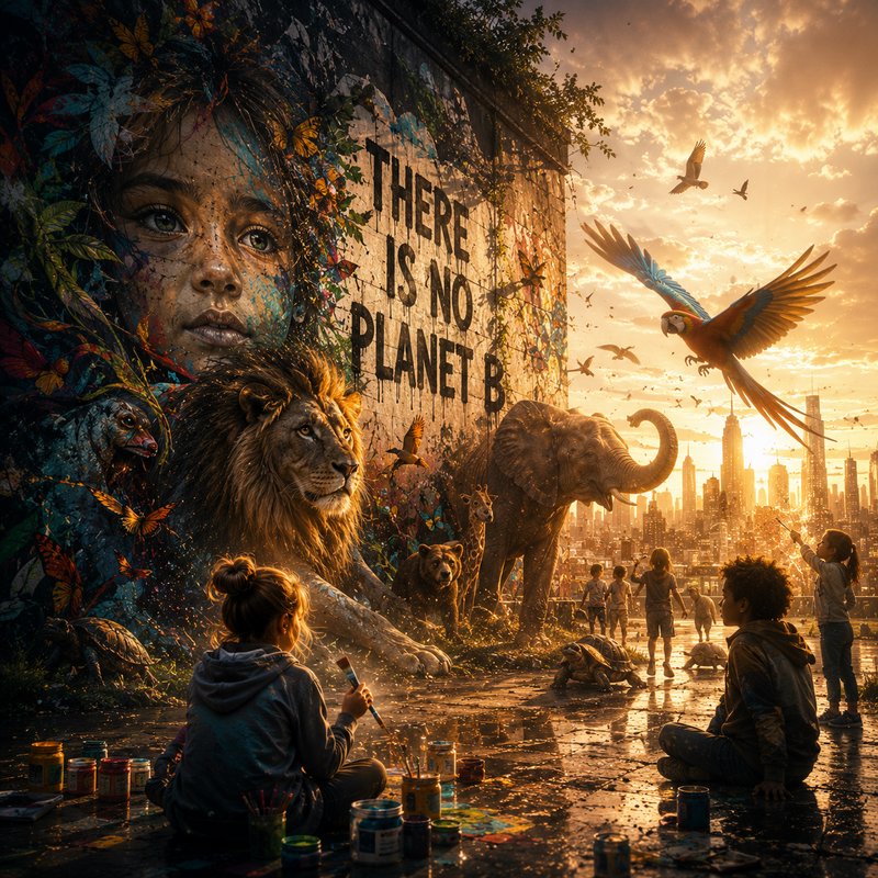 Surreal environmental street art reading "There Is No Planet B", children painting beside wild an...