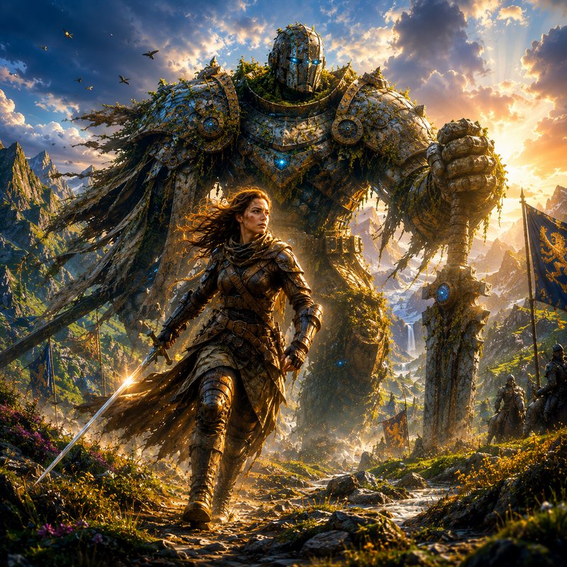 Fierce female fantasy warrior leads a moss-covered ancient iron golem across a mountain battlefie...