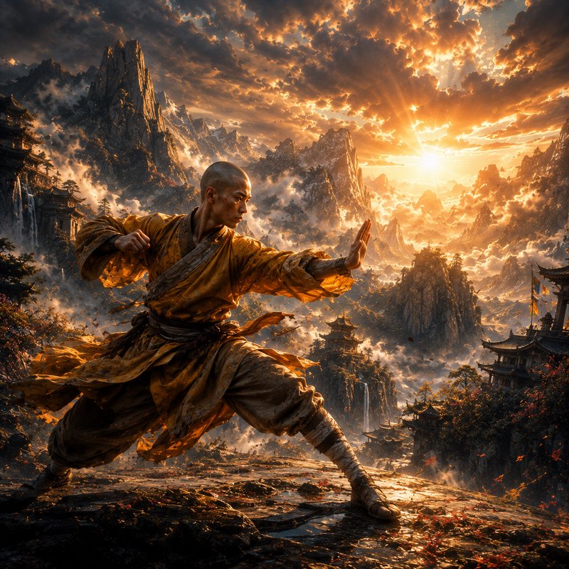 Bald Shaolin monk in kung fu stance on a rocky cliff, overlooking misty mountain pagodas at a glo...