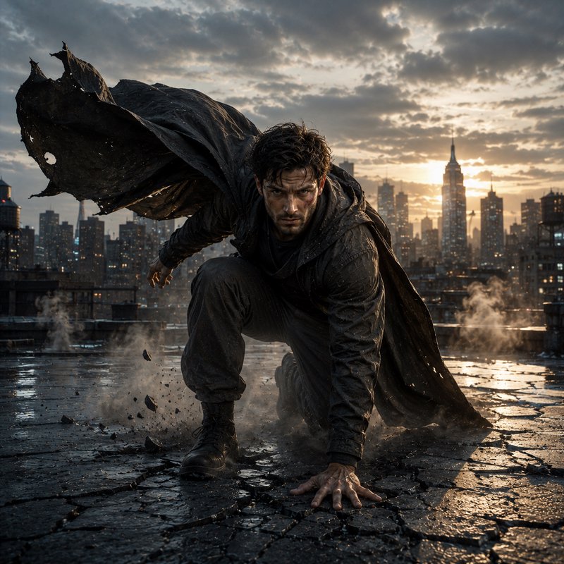Battle-worn caped anti-hero crouches in landing pose on cracked wet city rooftop, tattered cloak ...