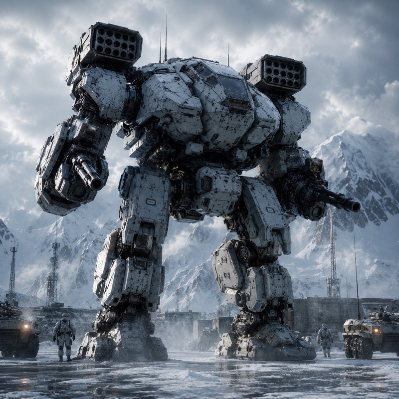 Massive armed combat mech stands on frozen arctic ground at a snow-covered military outpost, flan...