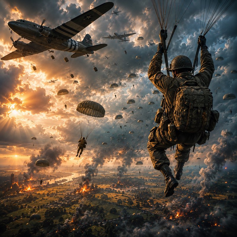 Back view of a WWII paratrooper mid-jump, showing mass airborne invasion over a burning battlefie...