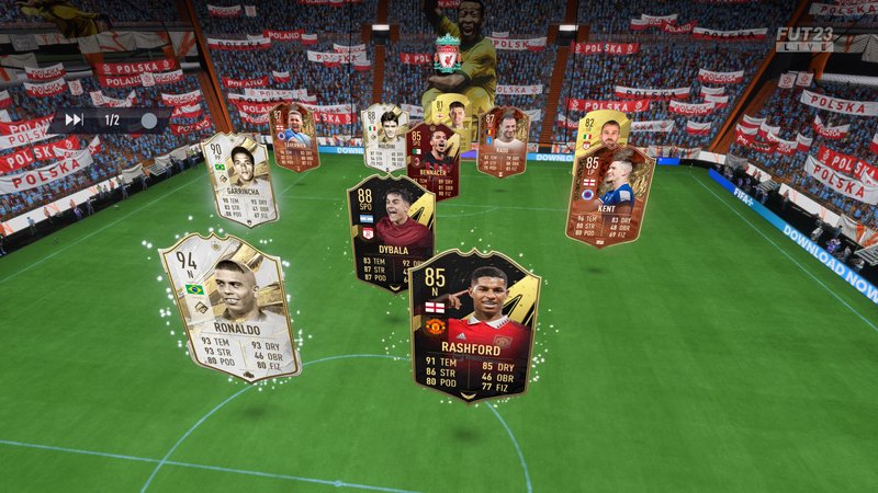 FIFA Ultimate Team stadium scene with floating player cards on a green pitch.