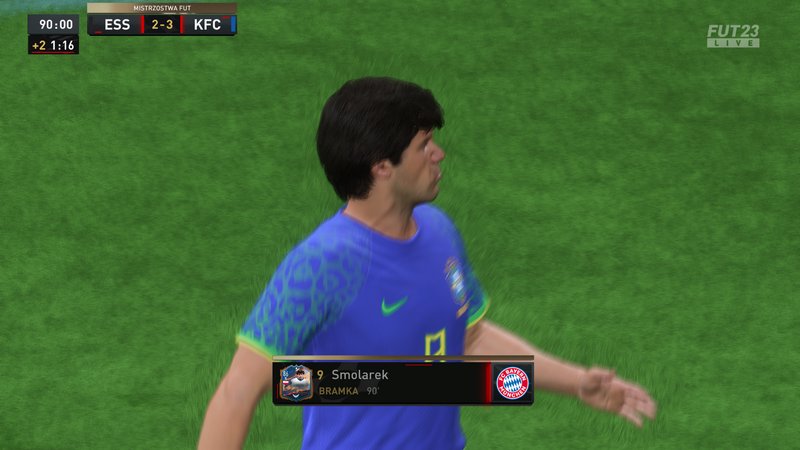 Virtual soccer player in blue Brazil kit on green pitch during a FIFA match.