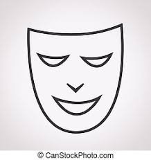 Line art of a smiling comedy theater mask on a light background.