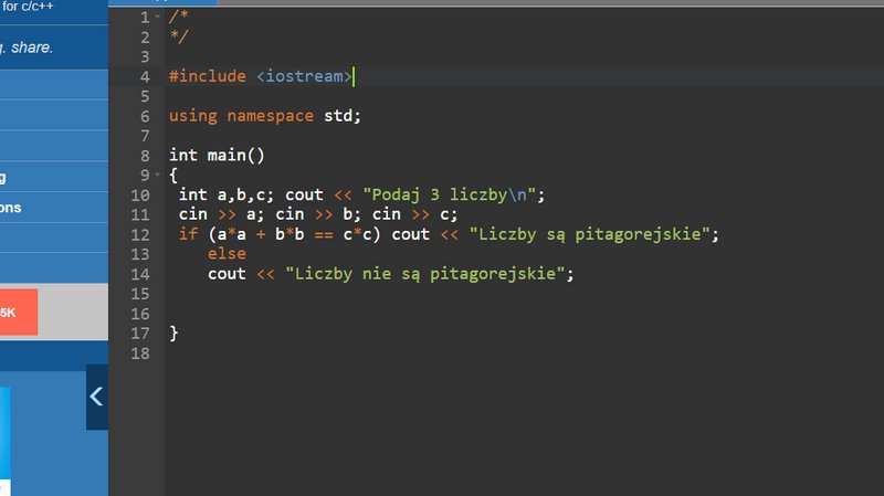Code editor screenshot showing a C++ program that reads three numbers and compares sums.
