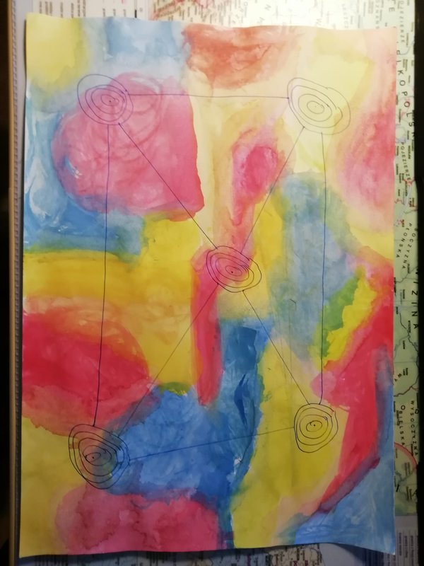 Abstract watercolor in bright yellow, red, pink, and blue with a connected polygon overlay and ci...