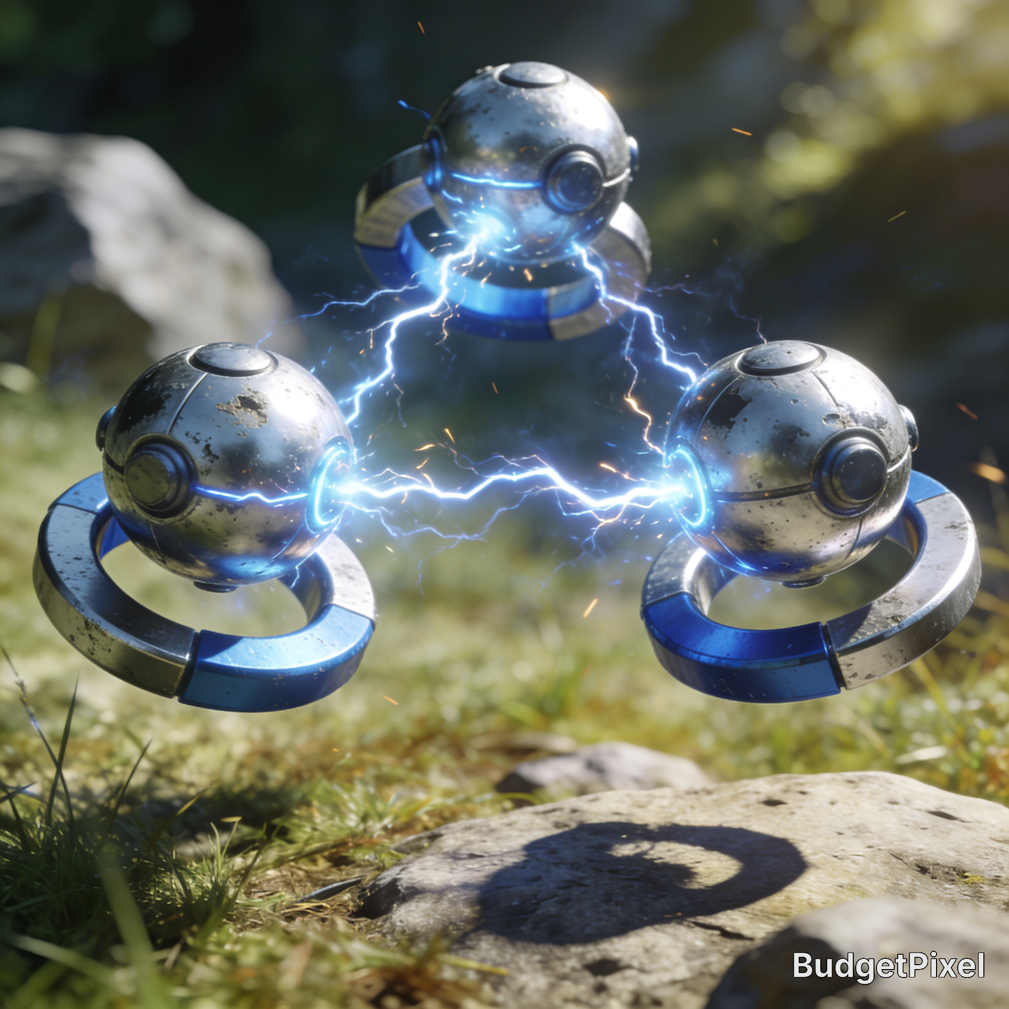 Three levitating metallic drones with blue rings orbiting, connected by blue electric arcs.