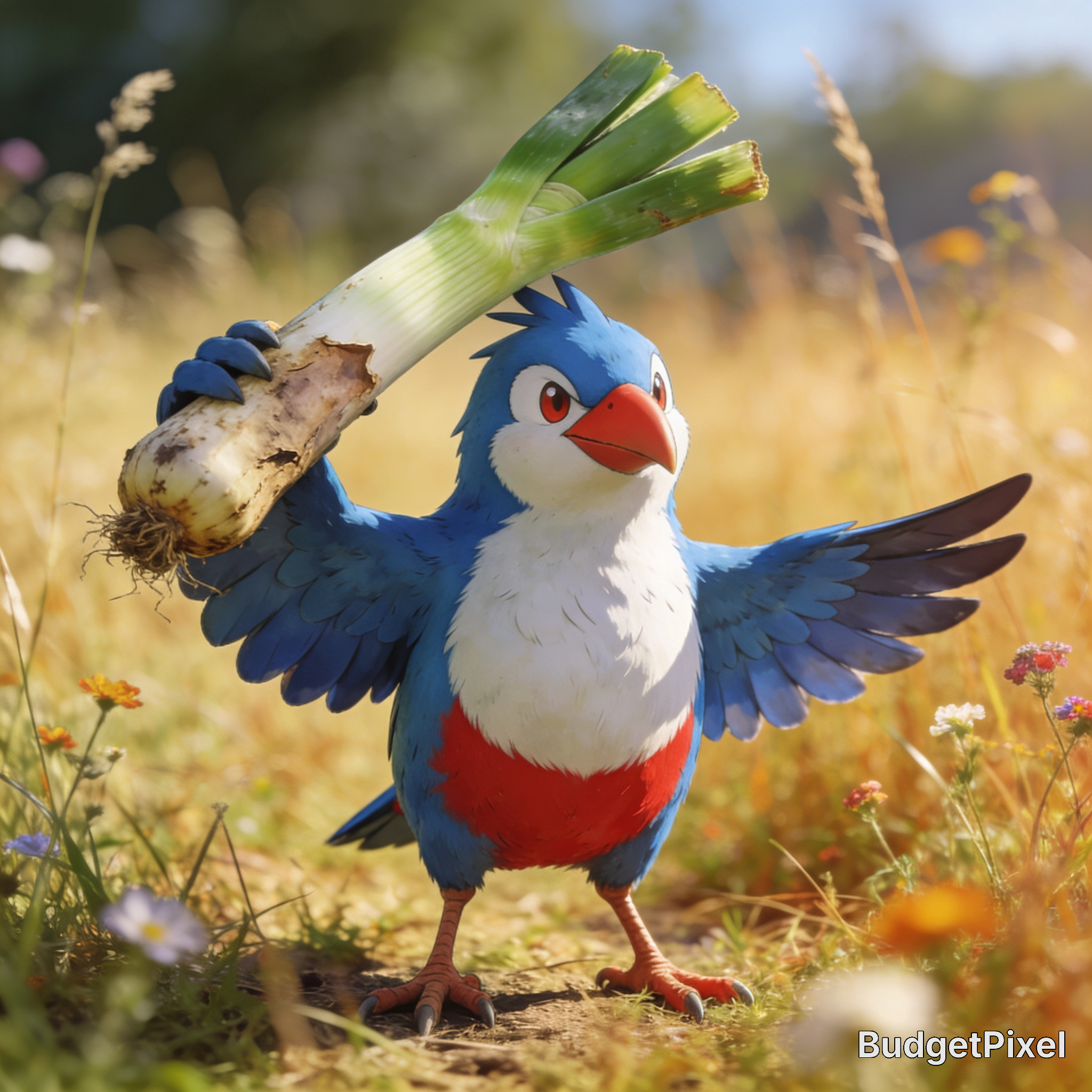 Cartoon blue parrot holding a large leek in a sunny field, cheerful and colorful.