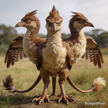 Three crested brown birds with long legs standing together in a grassy field