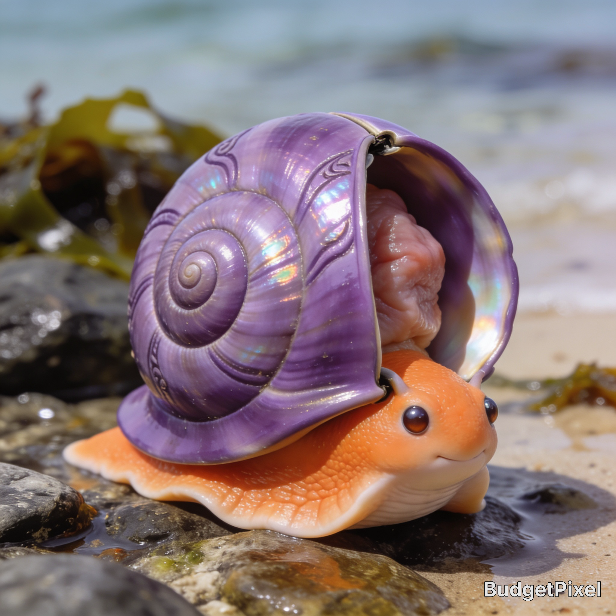 Cartoon orange snail with a glossy purple spiral shell on a sunny beach.