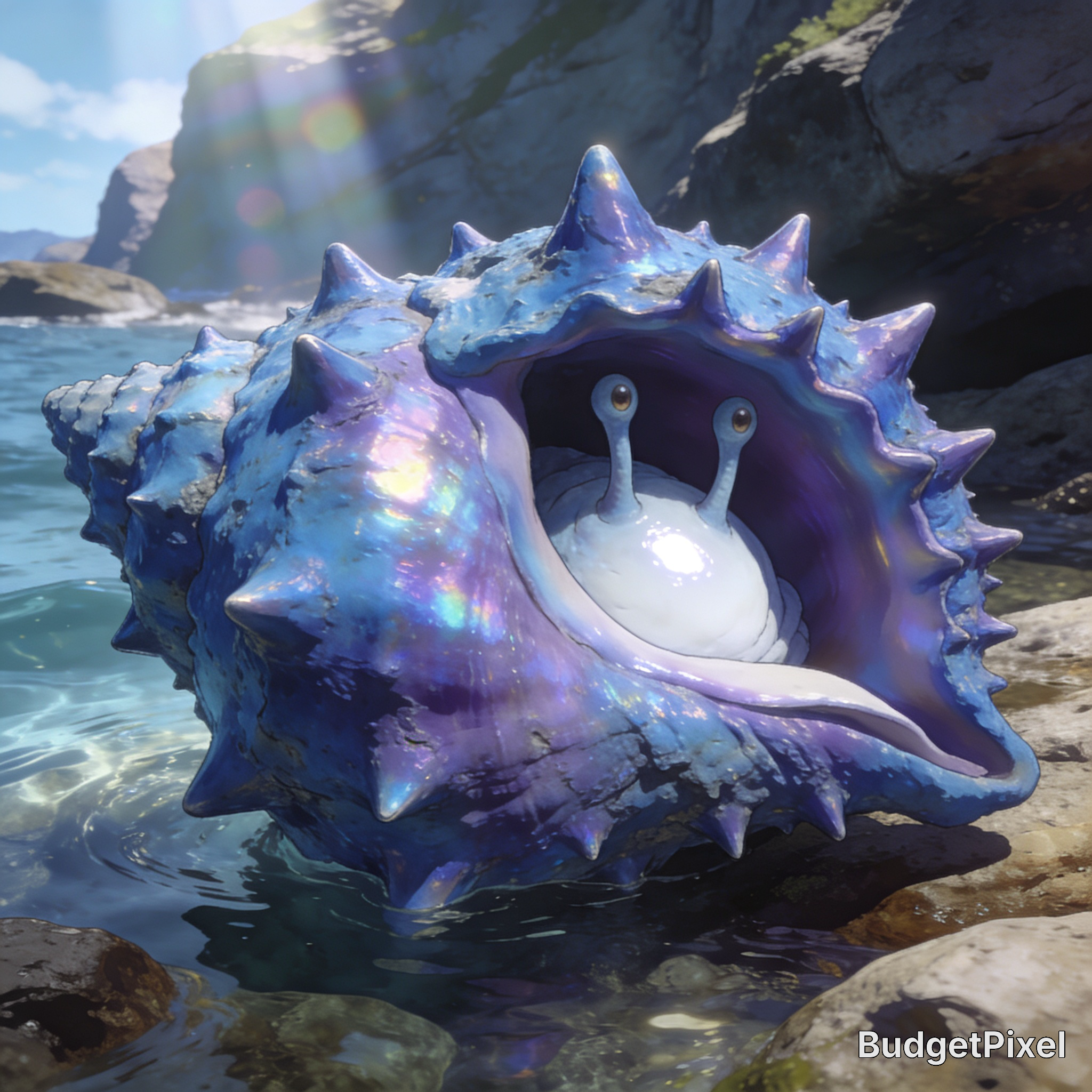 Fantastical purple-blue spiked seashell creature with wide open mouth by rocky shoreline and clear water