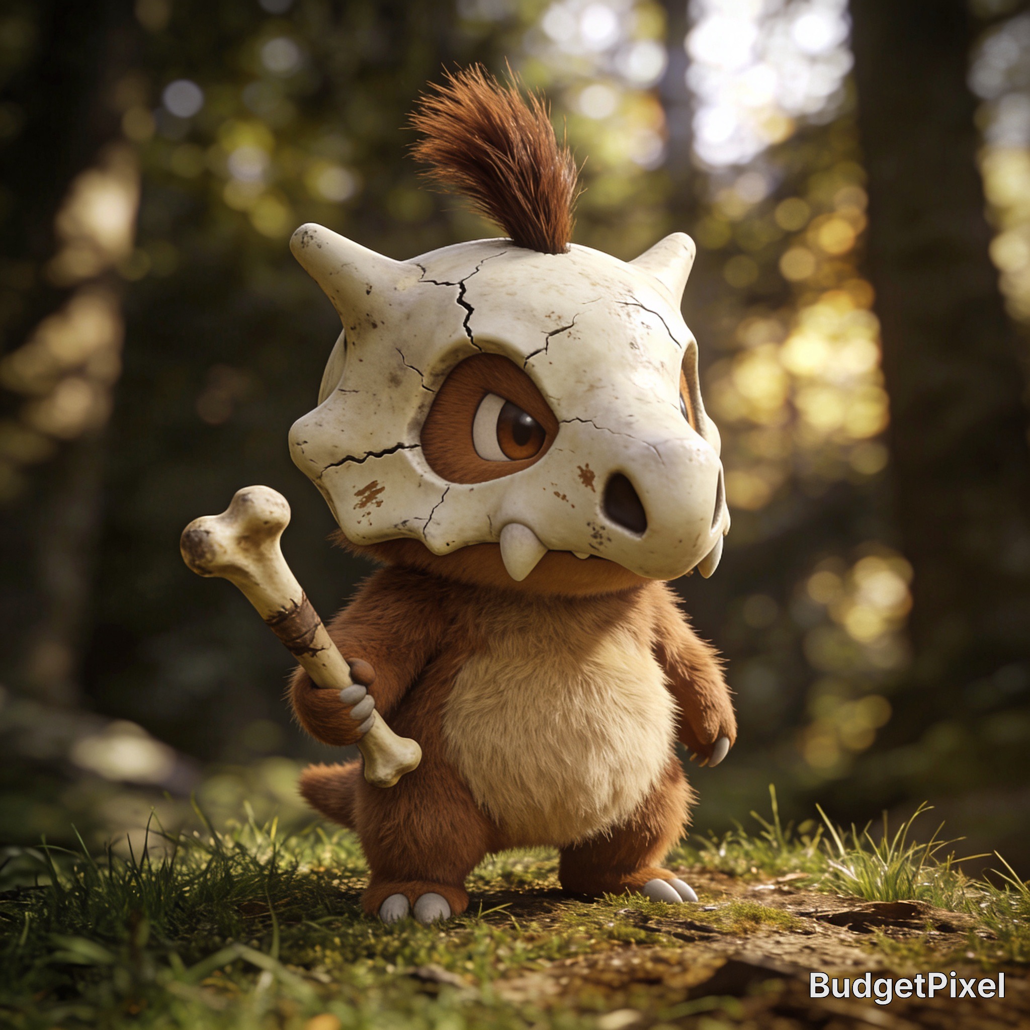Cute furry cartoon creature in a cracked dinosaur skull helmet holding a bone in a forest