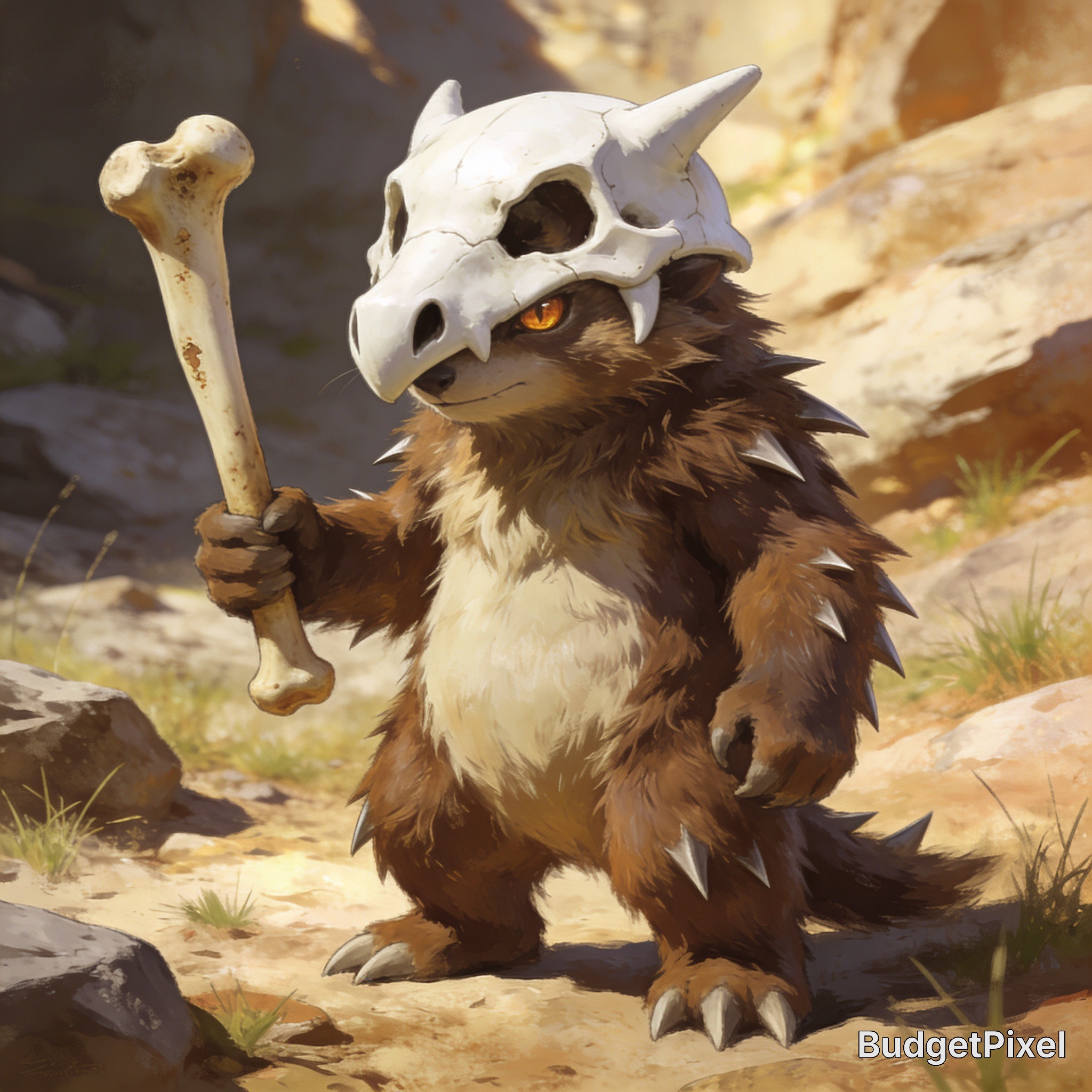 Cartoon fantasy creature with a bone skull helmet holding a bone club in a rocky desert.