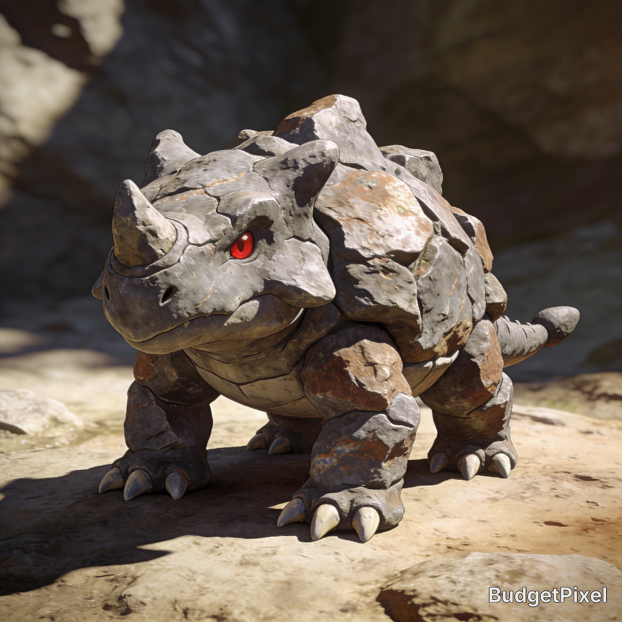 Rock-armored dinosaur-like creature with red eyes standing on a rocky ground.