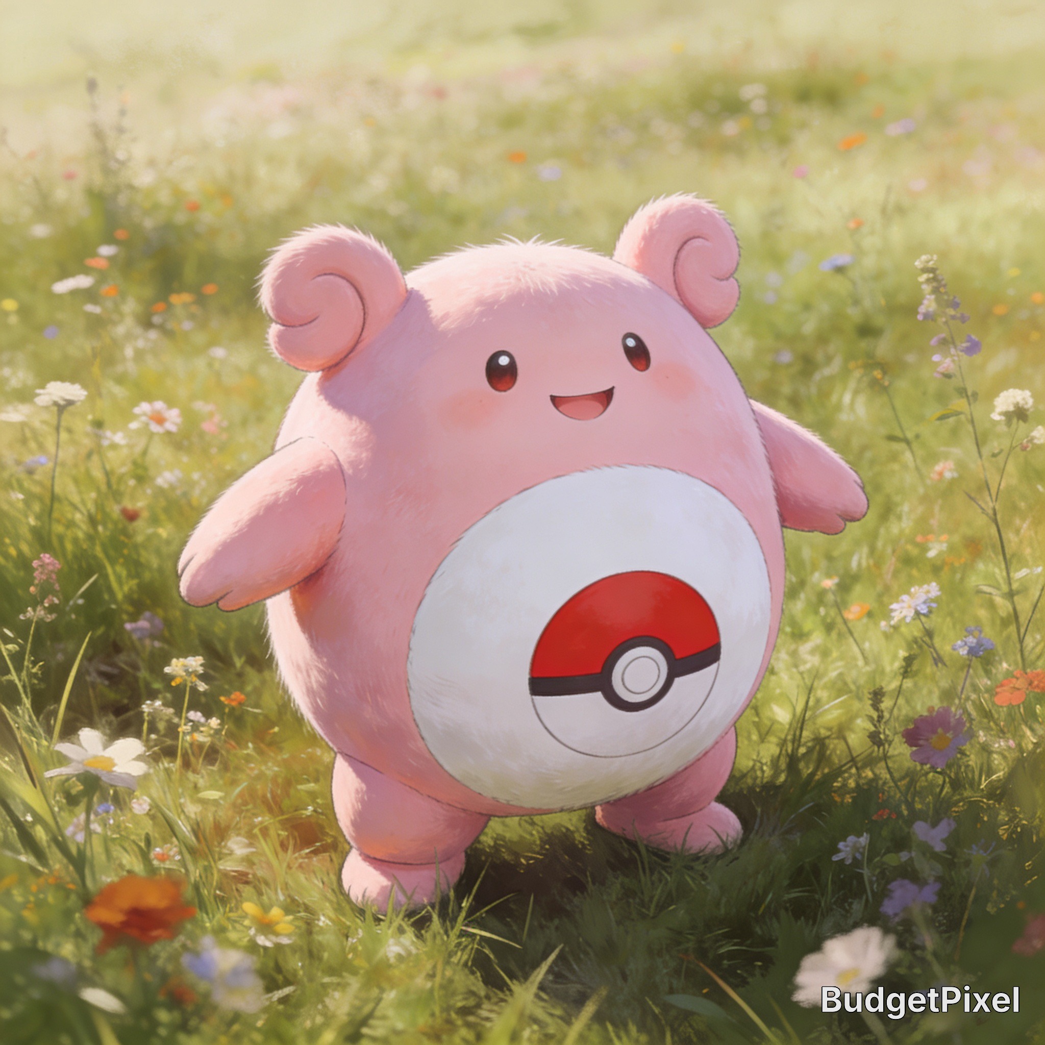 Cute pink, round Pokemon-inspired creature with a Poké Ball belly in a sunlit meadow.