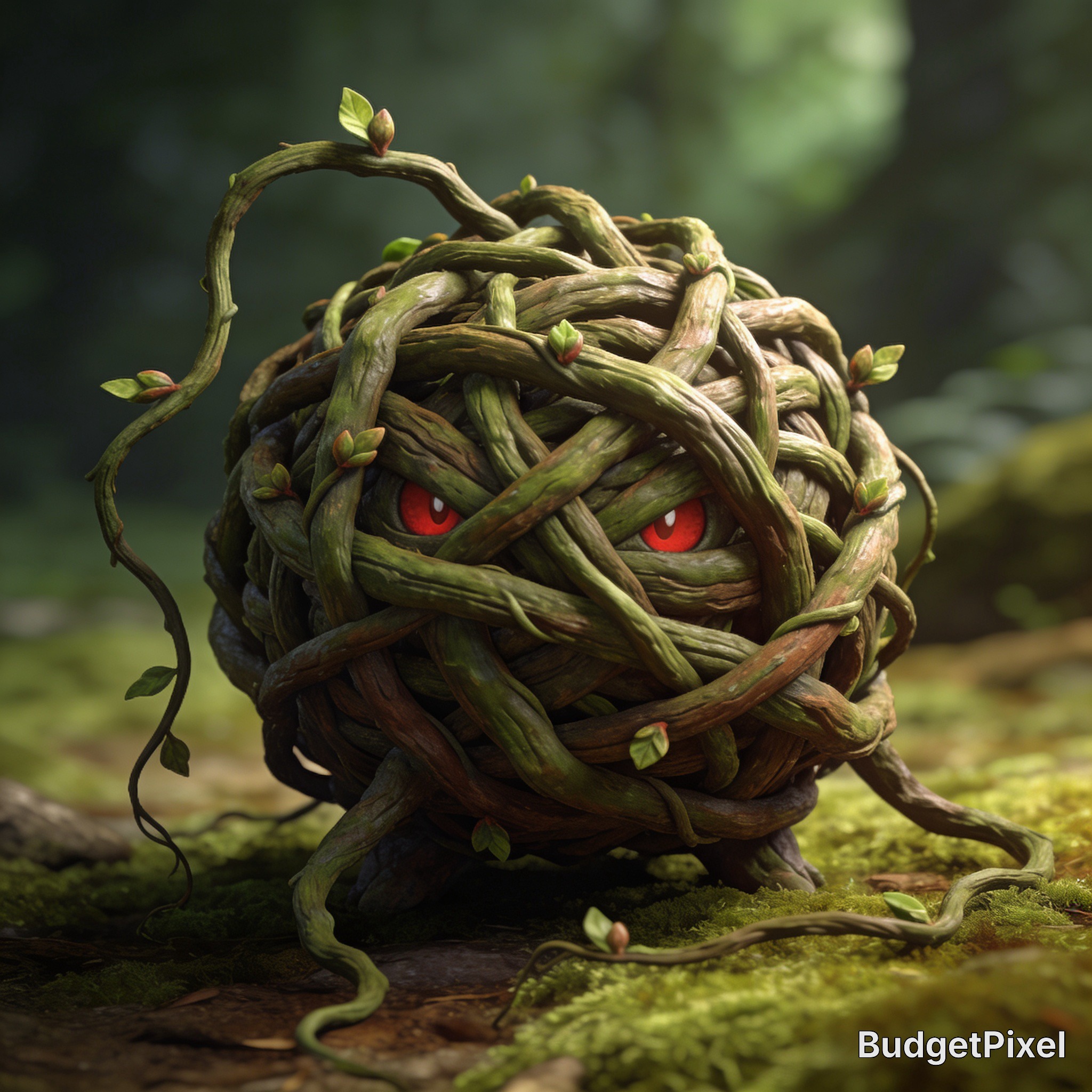Woven vine ball creature with red glowing eyes in a mossy forest