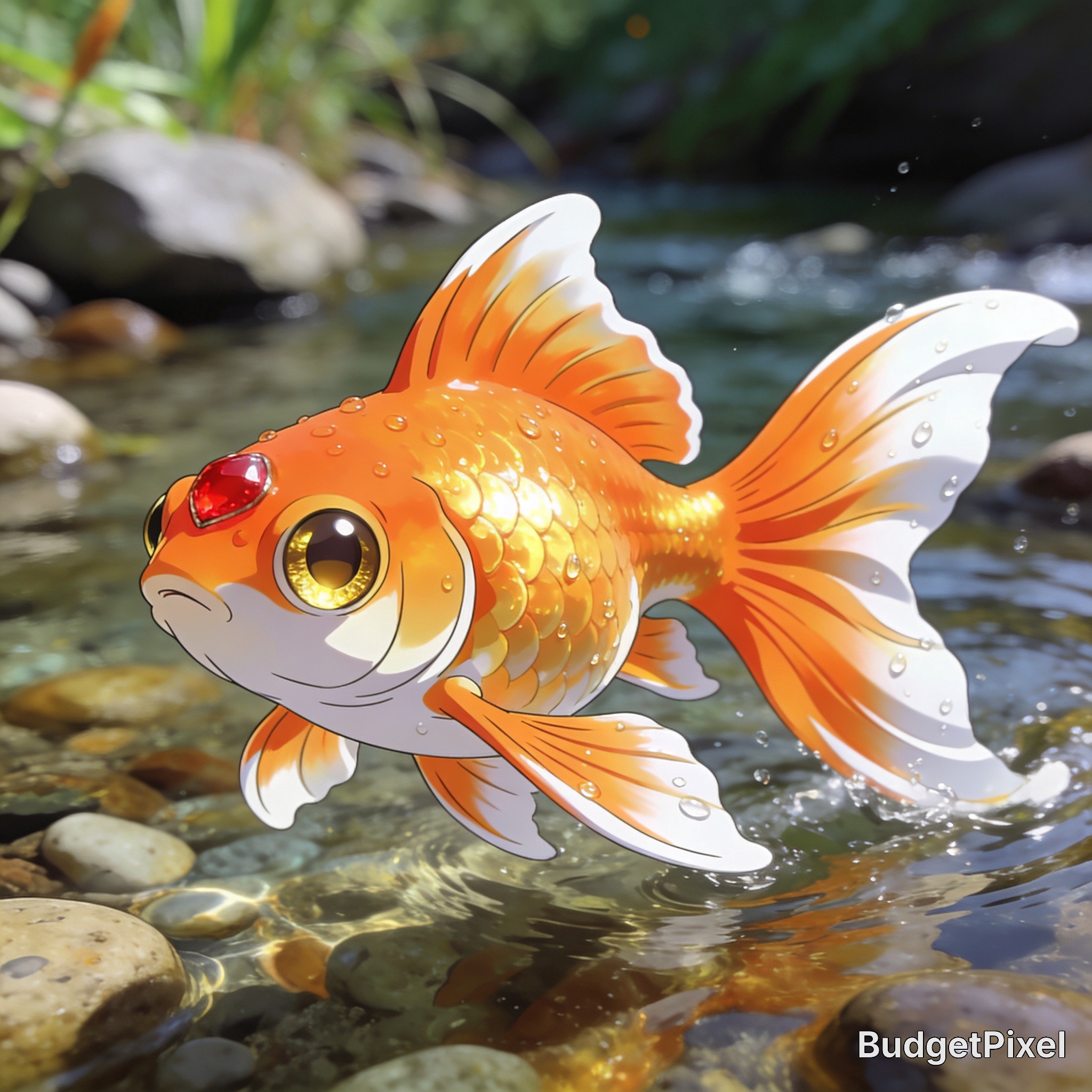 Bright orange and white cartoon goldfish cutout swimming in a clear river among smooth stones
