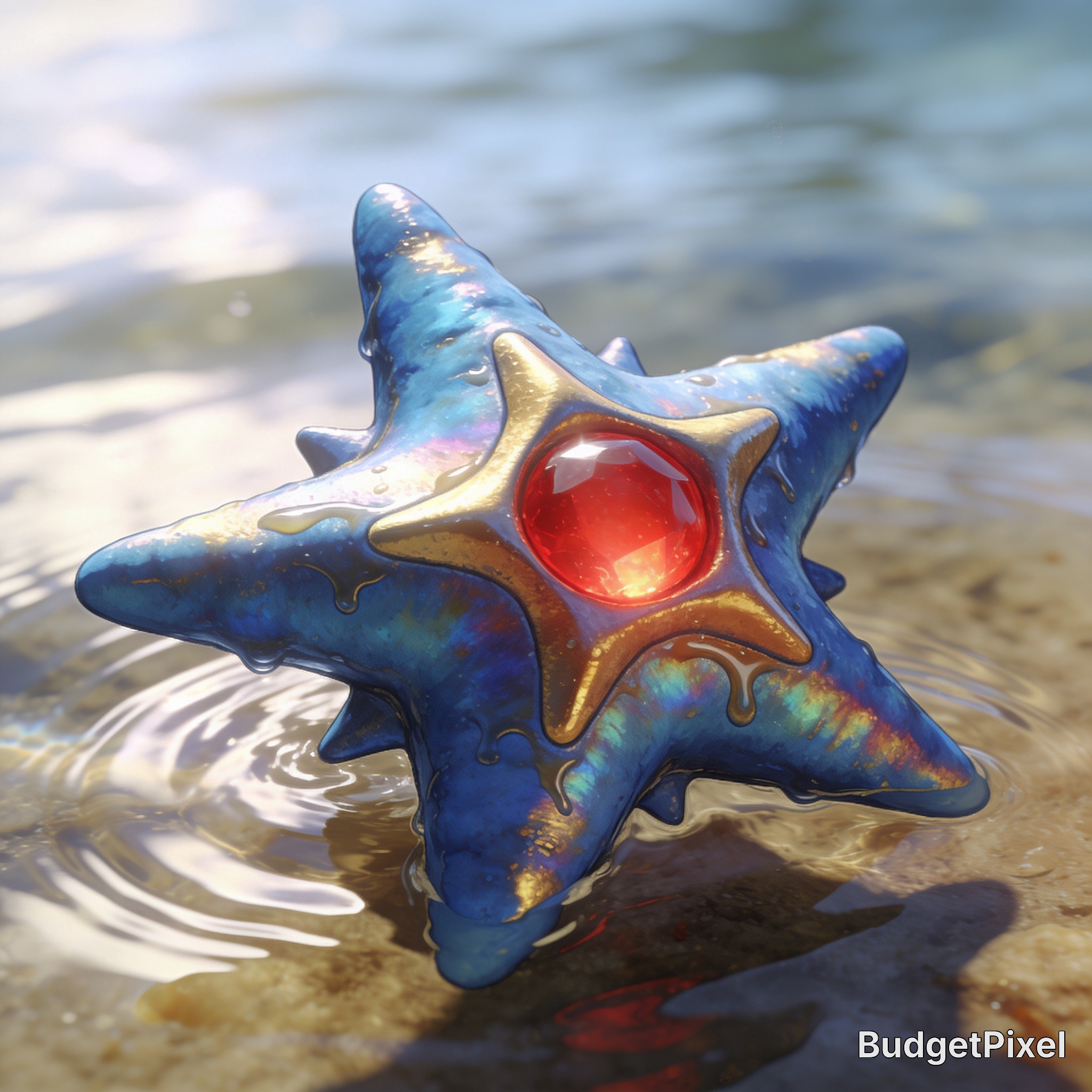 Blue star-shaped pendant with a red gem center resting in shallow water