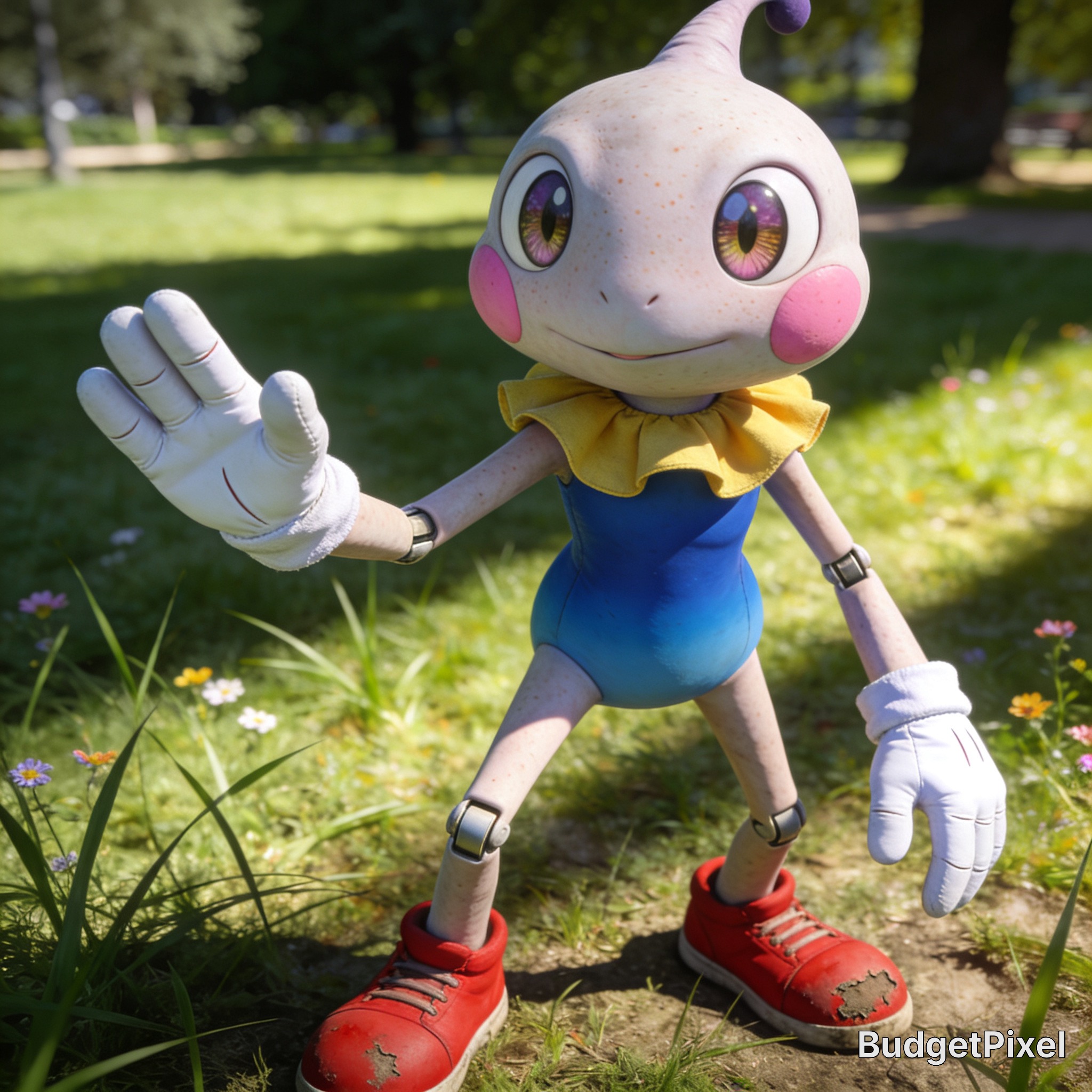 Cartoon alien puppet with blue gradient suit, red shoes, and pink cheeks waving in a sunny park.