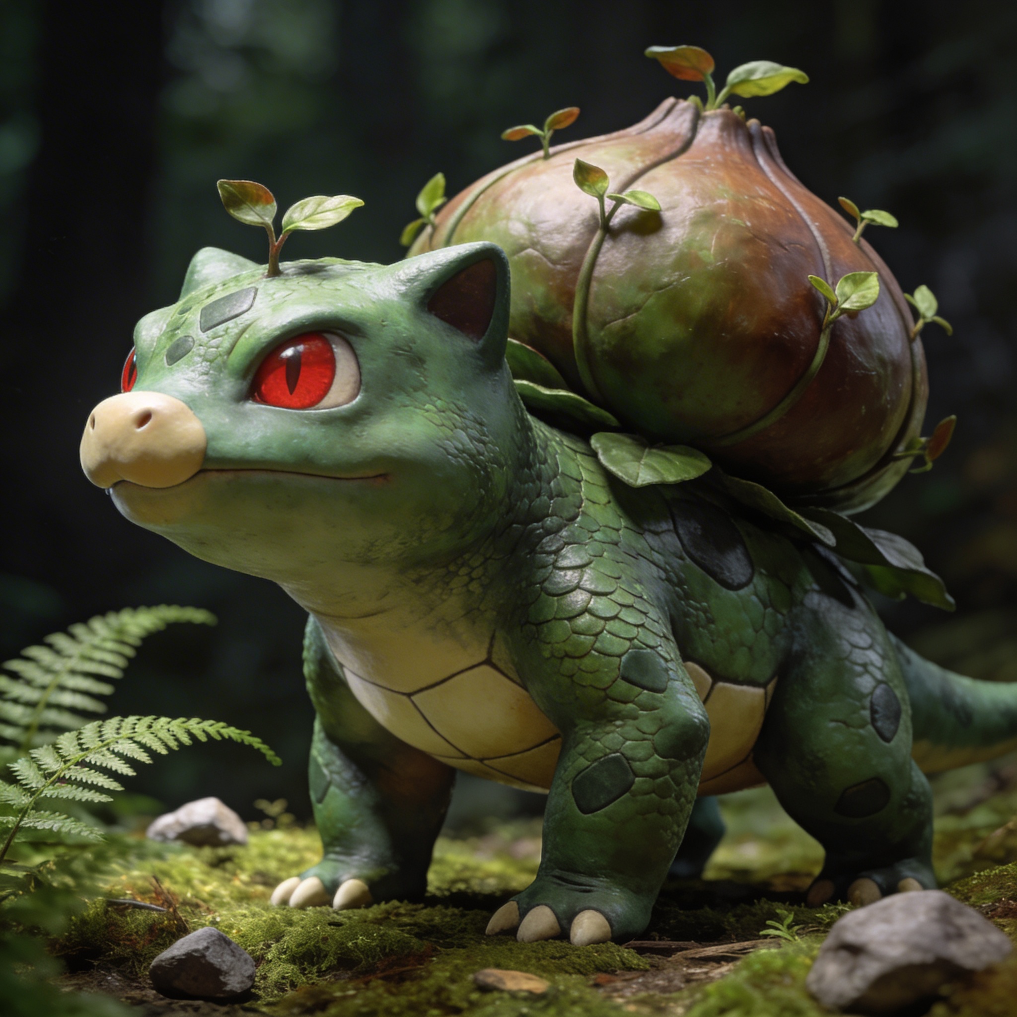 Cartoonish green turtle with a large plant-like shell covered in vines in a forest setting