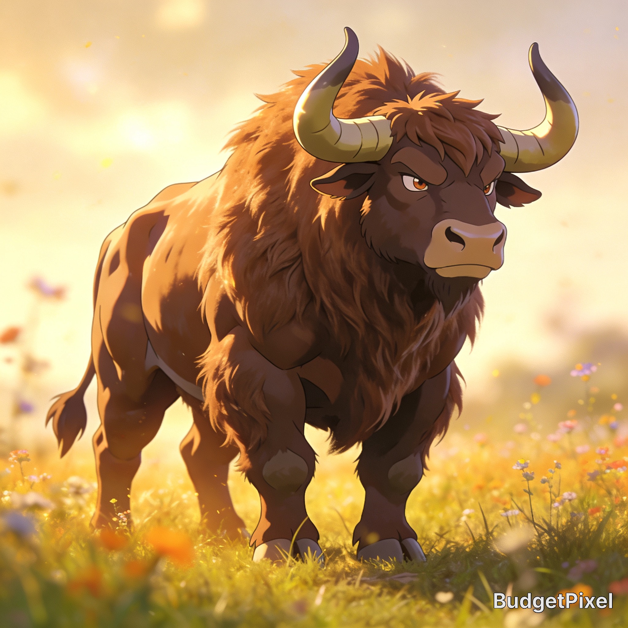Illustrated horned bison standing proudly in a sunlit meadow.