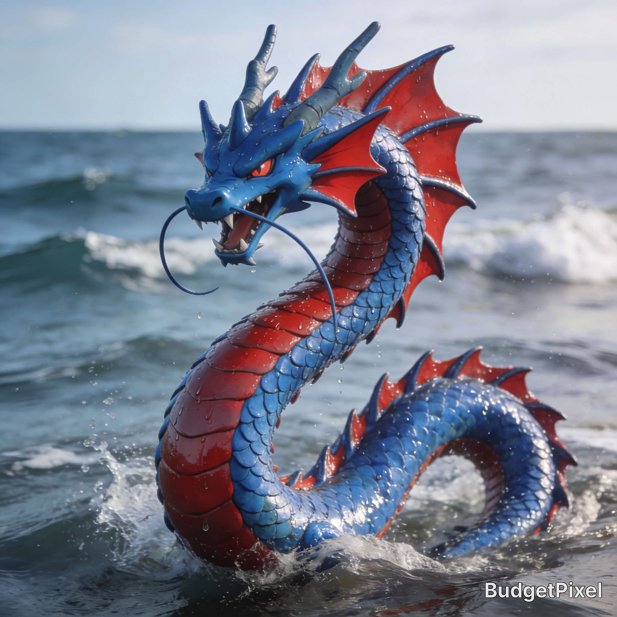 Blue and red dragon statue emerging from the ocean with splashing water.