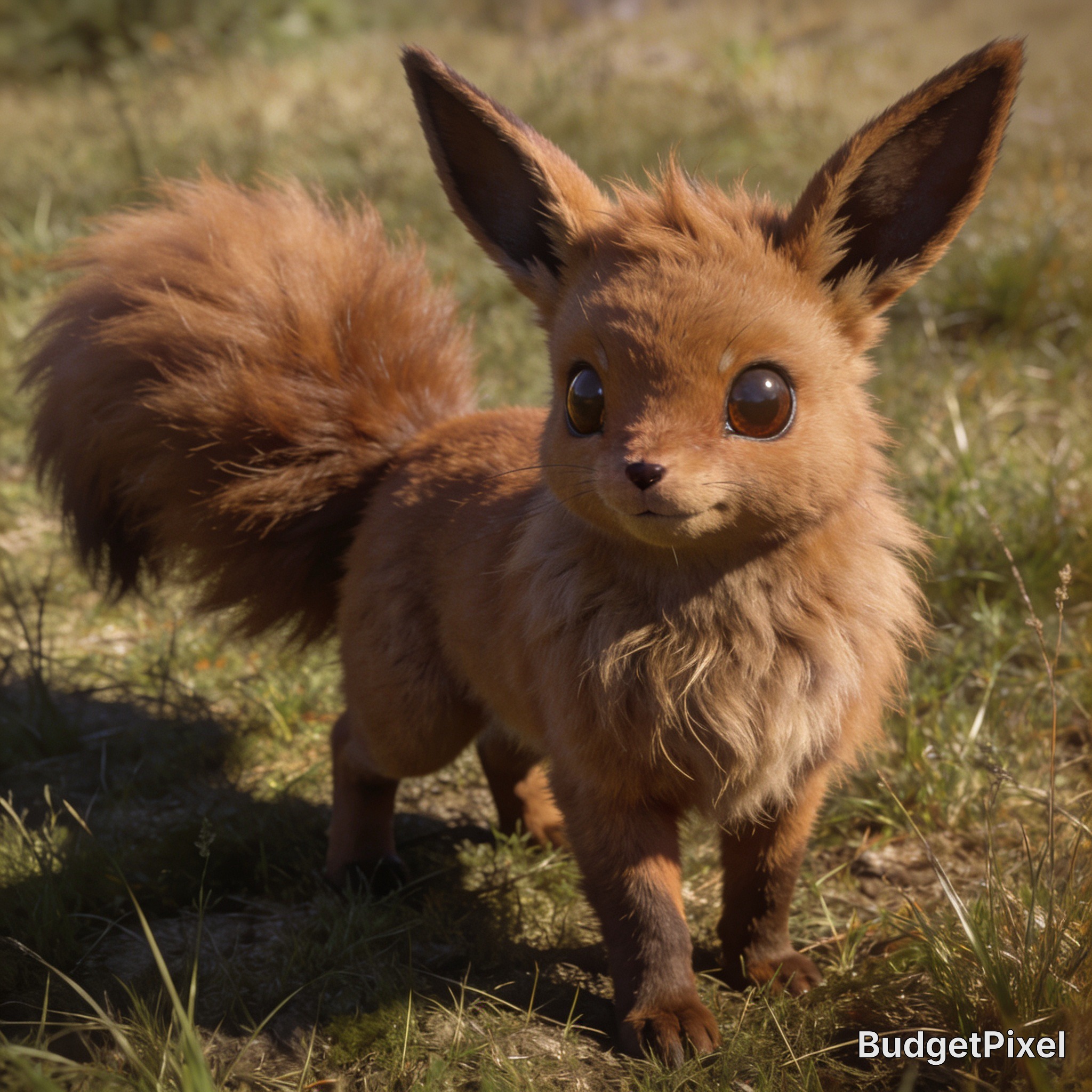 Adorable red squirrel with fluffy tail standing in a sunlit grassy meadow.