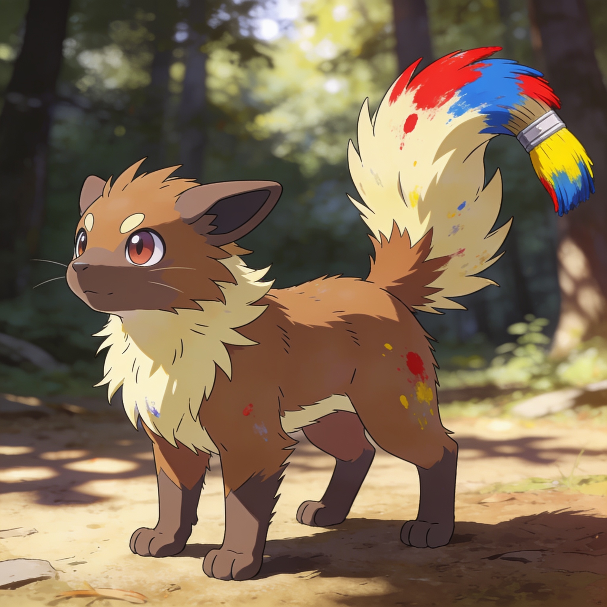 Fakemon fox creature with a paintbrush tail standing in a sunlit forest clearing