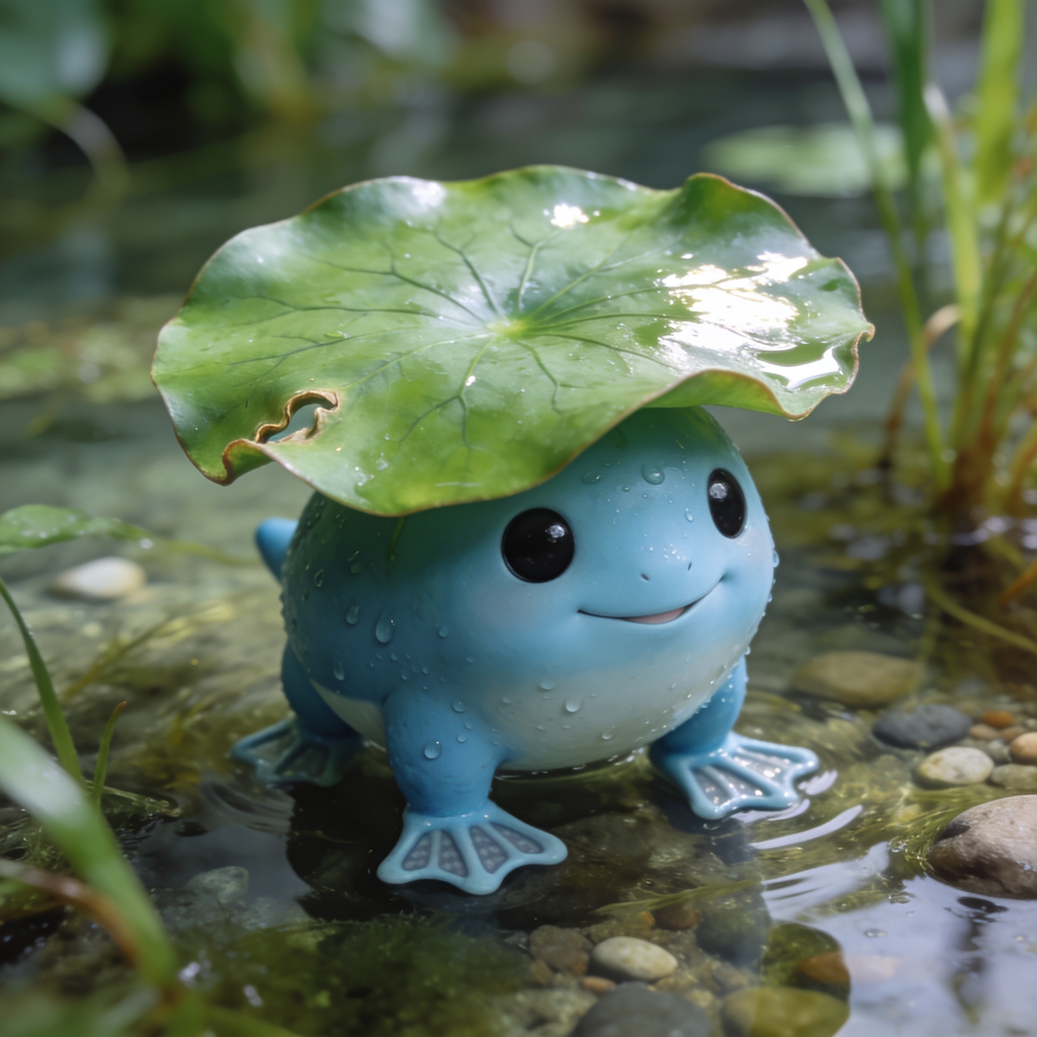 Chubby cute blue frog stands in shallow pond, using a lily pad as an umbrella hat