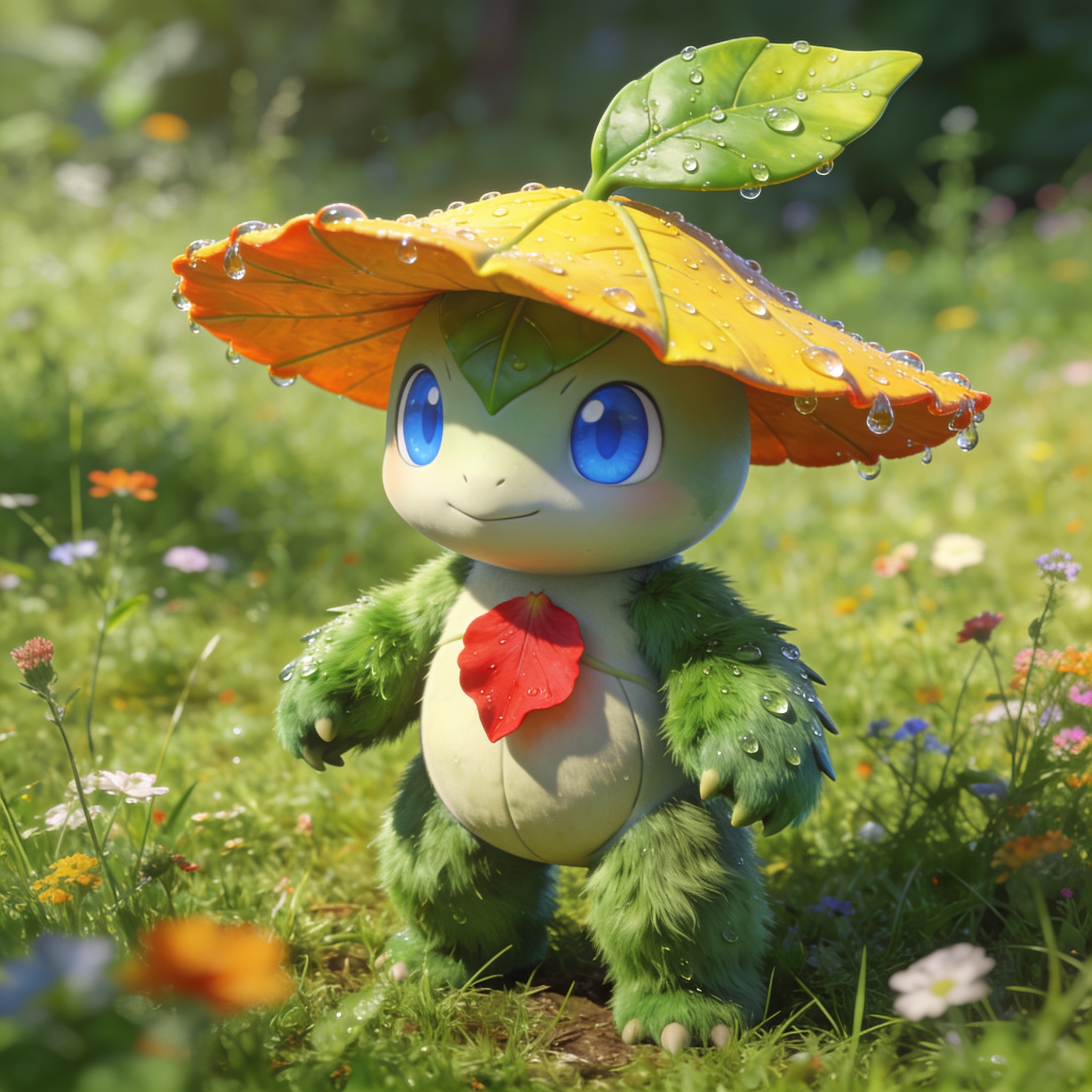Cute grass-type fantasy creature wearing a leaf hat stands in a sunlit dewy wildflower meadow