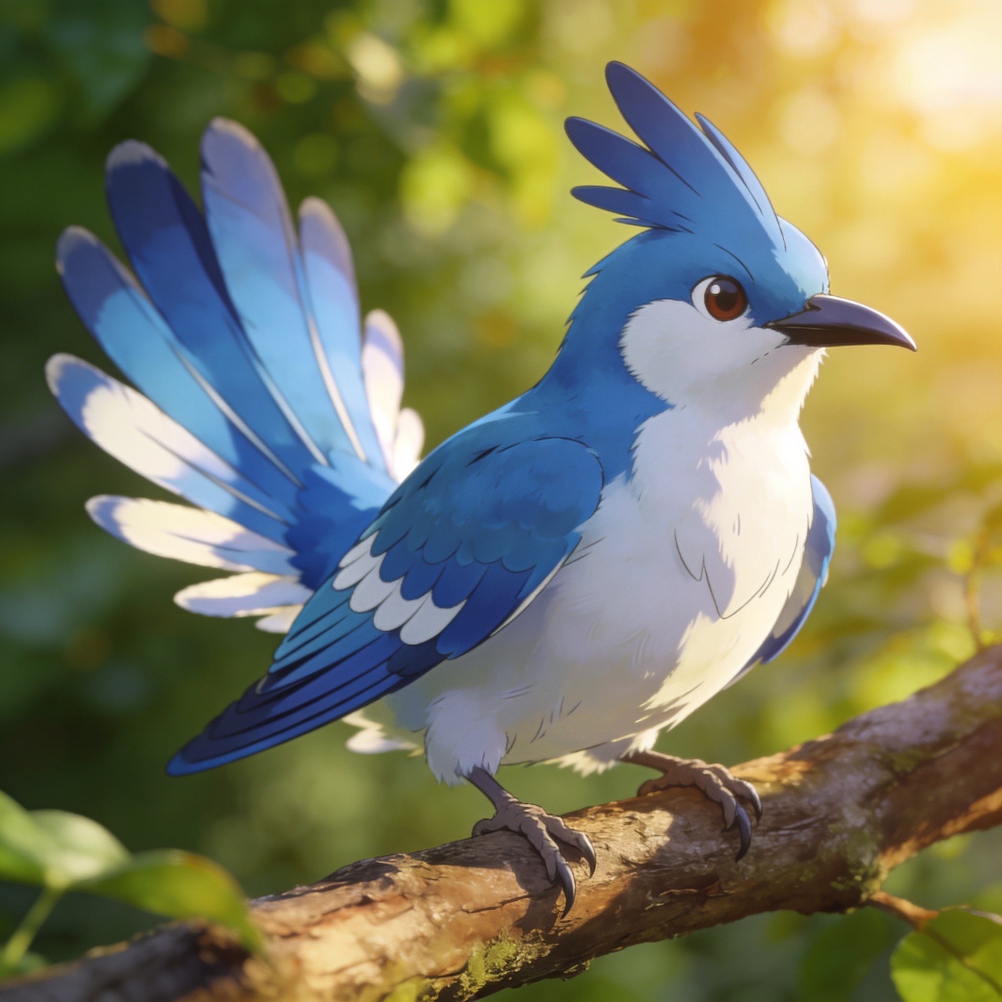 Stylized blue crested songbird perched on a sunlit mossy tree branch