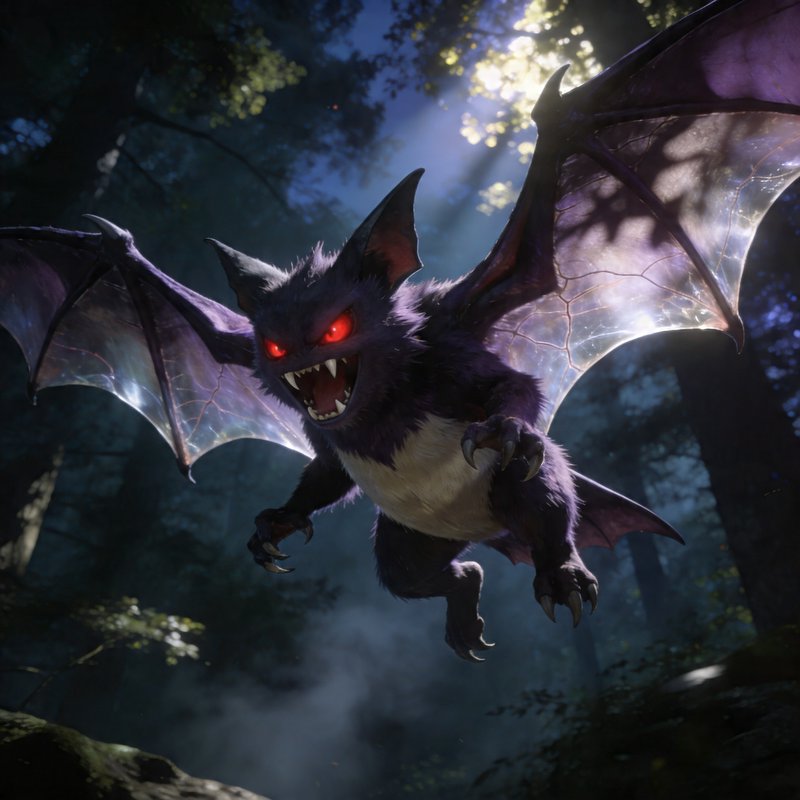 Menacing purple bat-like creature with glowing red eyes swooping through a moonlit forest.