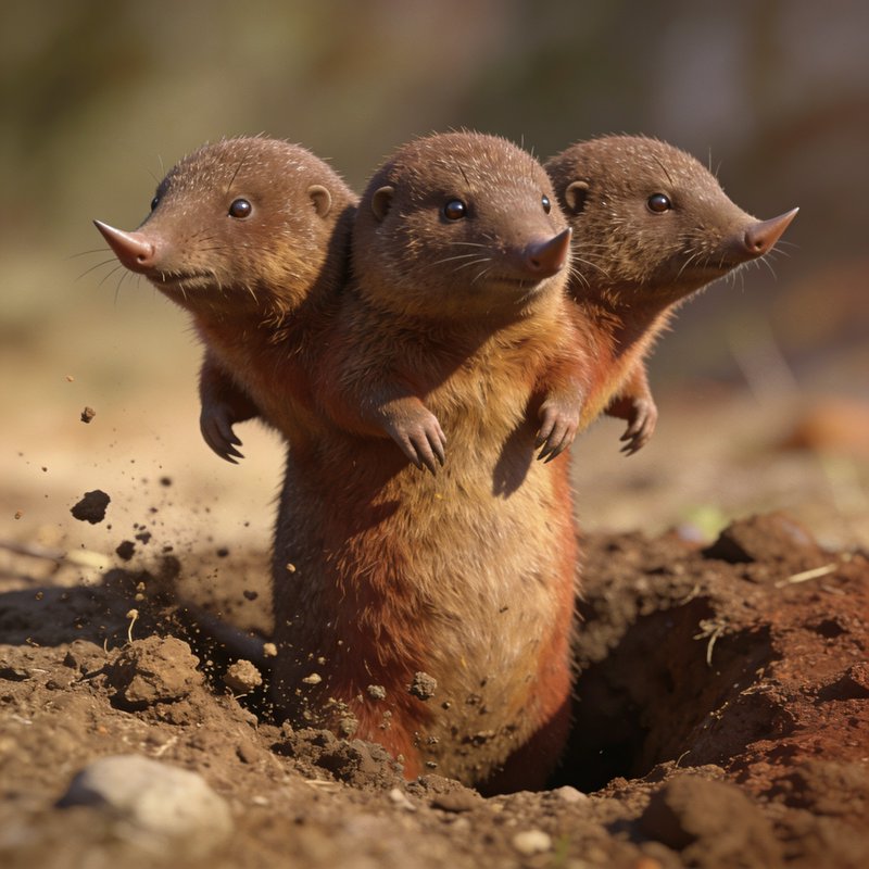 Three young mongooses emerging from a burrow with dirt flying around.
