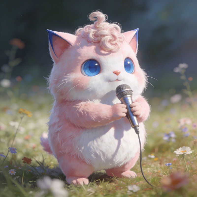 Cute pink fluffy cat-like character with blue eyes holding a microphone in a meadow.
