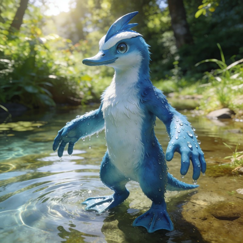 Blue fantasy dragon standing in shallow water with droplets, sunlit forest background