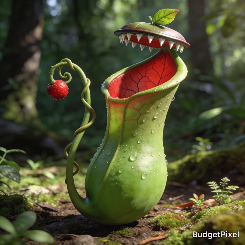 Cartoon carnivorous plant with a red interior mouth and sharp teeth in a forest setting.