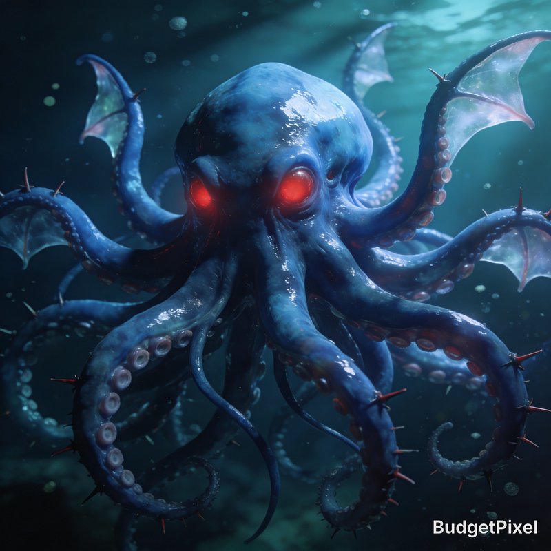 Blue octopus with glowing red eyes underwater in a dark teal sea.
