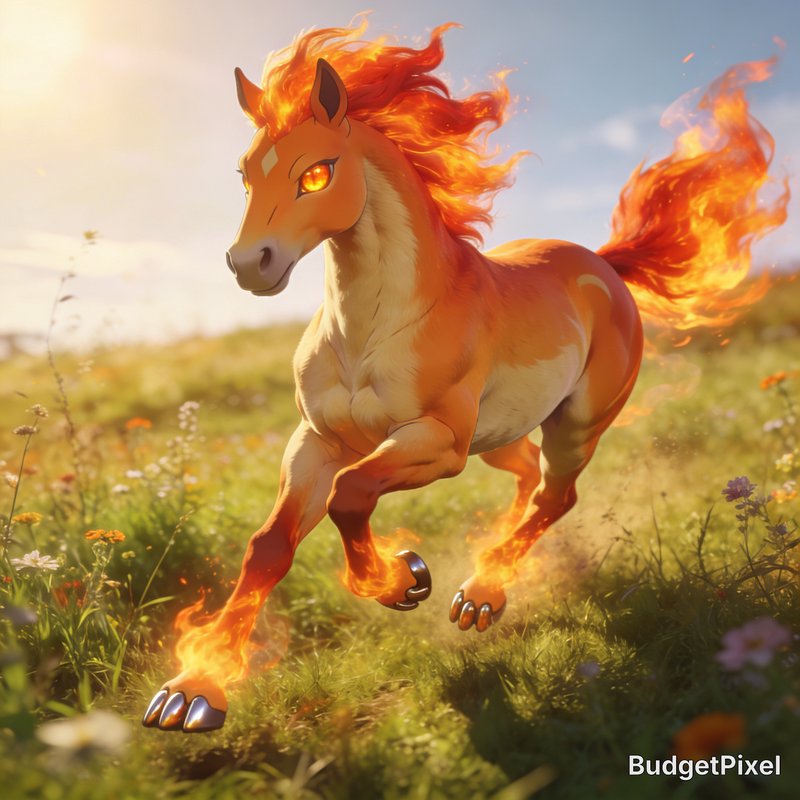Fiery orange horse running through a sunlit meadow with blazing mane and tail.