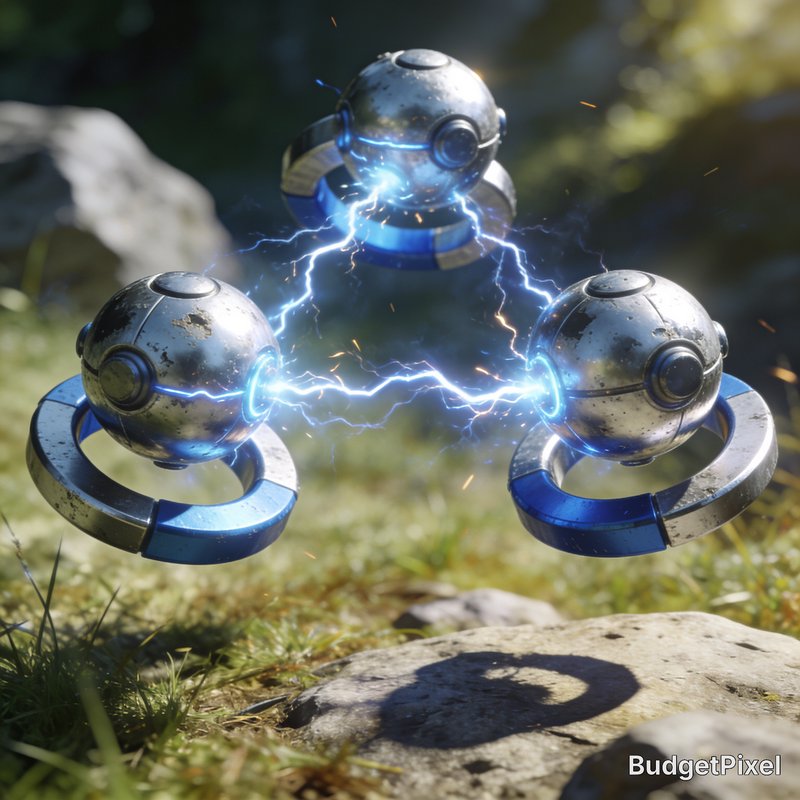 Three levitating metallic drones with blue rings orbiting, connected by blue electric arcs.