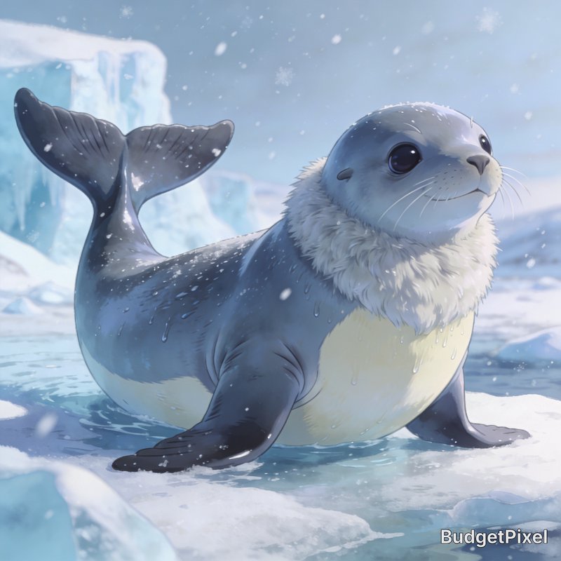 Cartoon seal pup on an icy Arctic shoreline with snow and icebergs in a chilly, blue-toned scene.