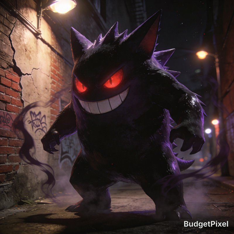 Dark purple Gengar-like creature with glowing red eyes and a wide grin in a moody city alley at night.